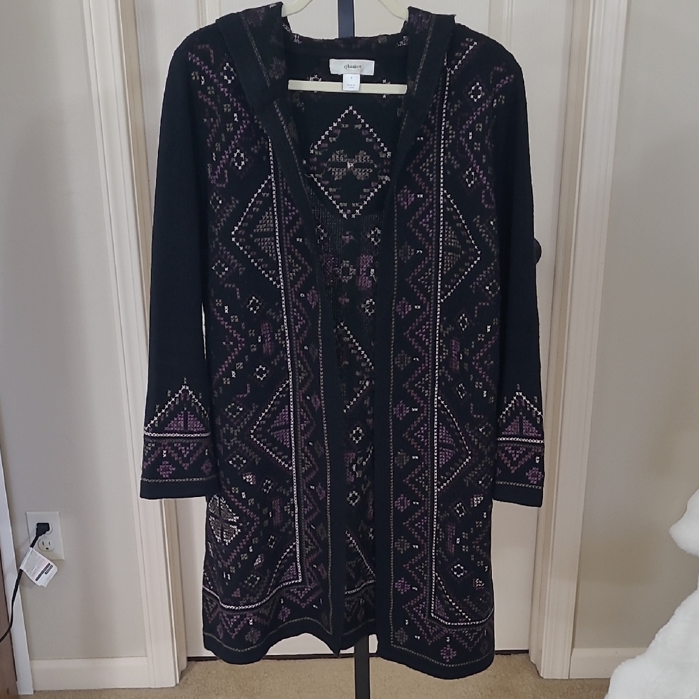 CJ BANKS Black Patterned Hooded Cardigan Sweater Size X